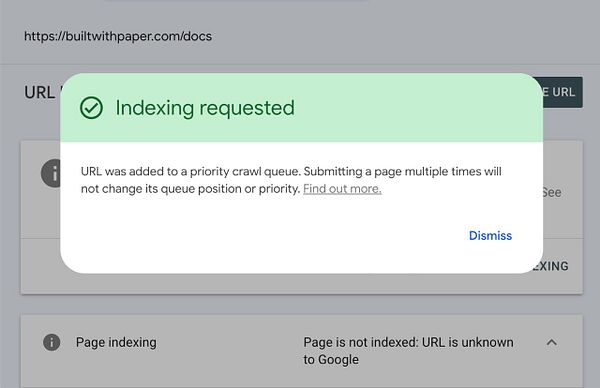 A notification confirming that a URL has been successfully requested for indexing by Google.