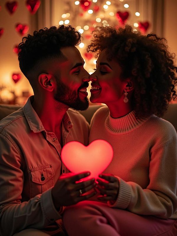 A couple shares a romantic moment, holding a glowing heart-shaped light against a backdrop of heart decorations.