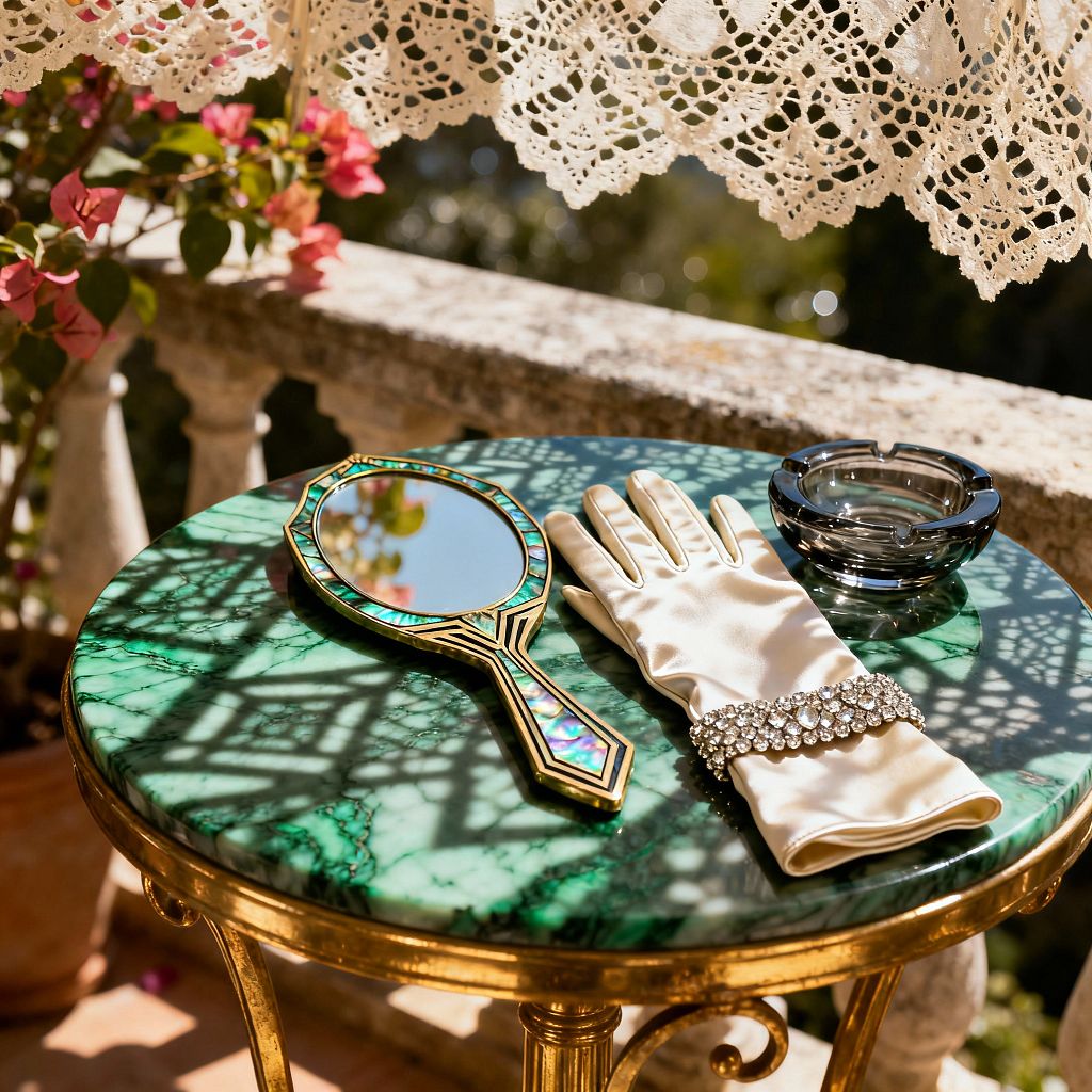 A round patio side table with an emerald green marble top and gilded base holds an abalone-inlaid hand mirror, an ivory satin glove adorned with a rhinestone bracelet, and a smoky crystal ashtray. Sunlight filters through a crocheted lace canopy, casting ornate shadows across the tabletop, while pink bougainvillea, a weathered stone balustrade, and terracotta flooring frame the romantic vintage-glam outdoor setting.