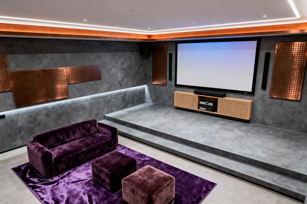 A contemporary home theater with gray microcement walls and a stepped platform faces a large widescreen framed in black. Perforated copper acoustic panels and a light oak floating console with perforated fronts sit below slim black speakers; warm cove LEDs and a linear wall strip illuminate the space. In the foreground, a deep purple velvet sofa with two ottomans rests on a glossy purple rug.