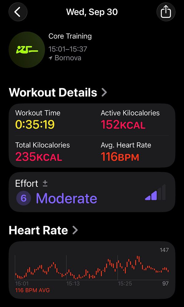 A workout summary screen from a fitness app showing details of a core training session on September 30.