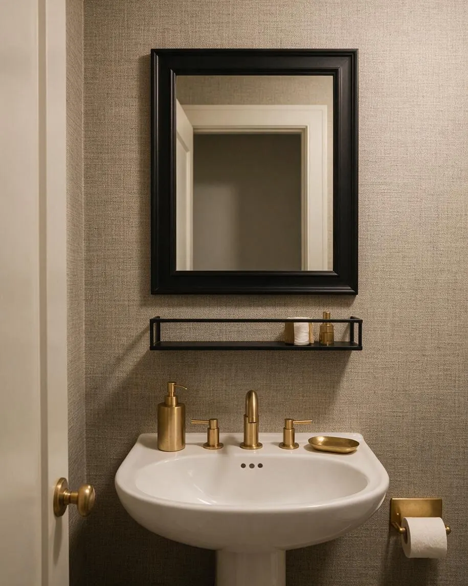 A small transitional powder room with textured taupe wall covering, a black framed mirror, and a floating black shelf above a white pedestal sink. The sink is topped with brass fixtures and accessories, with a brass toilet paper holder mounted on the right and a brass door knob visible on the left.