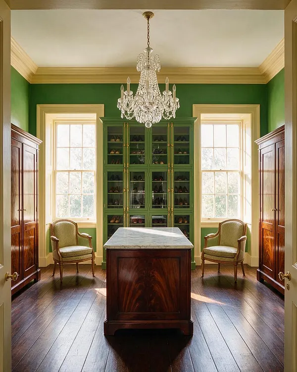 A traditional walk-in closet with deep green built-in shelving, tall glass-front cabinetry for shoes, and warm wood wardrobes along both sides. The room features a crystal chandelier, two upholstered armchairs, a central marble-topped island, and large windows that fill the space with natural light.