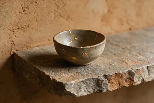 A small handcrafted ceramic bowl with visible gold kintsugi-style crack lines sits on a rough stone ledge against a warm earthen wall. The composition emphasizes natural textures, muted tones, and an imperfect, contemplative Wabi-Sabi aesthetic.