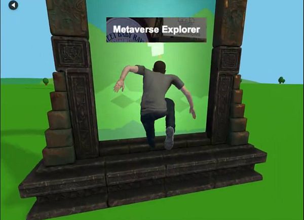 A character is jumping through a portal labeled 'Metaverse Explorer' in a vibrant, cartoonish landscape.