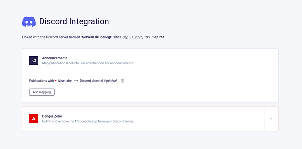 The image displays a user interface for a Discord integration setup.
