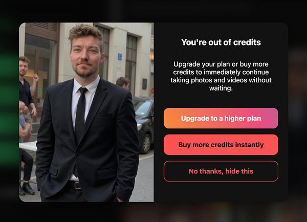 A man in a suit stands in front of a popup notification indicating that he is out of credits.