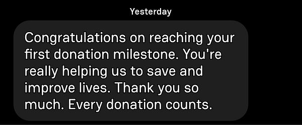 A congratulatory message regarding a blood donation milestone.