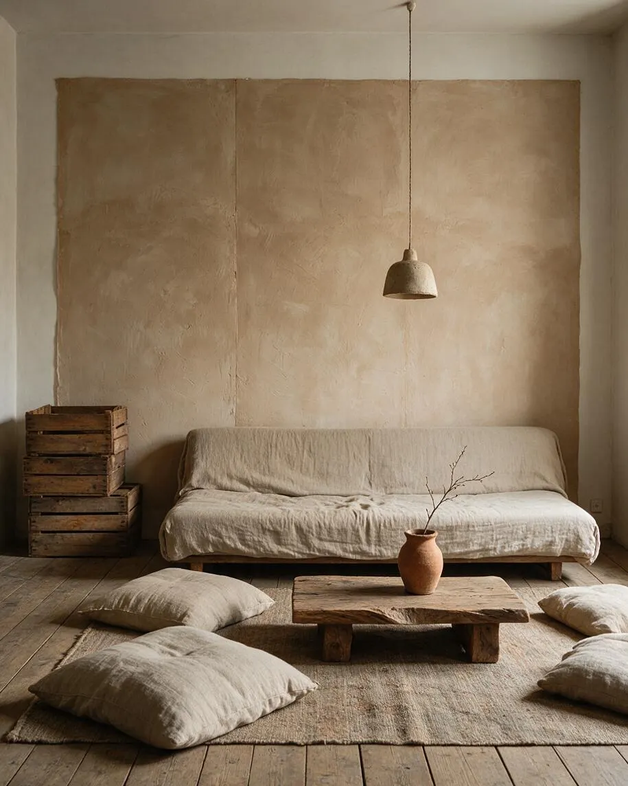 A serene studio apartment with a low beige sofa against a textured clay-toned wall, a simple pendant light hanging above, and a rustic wooden coffee table centered on a natural fiber rug. Floor cushions, stacked wooden crates, and a small ceramic vase with a bare branch complete the calm, earthy arrangement.