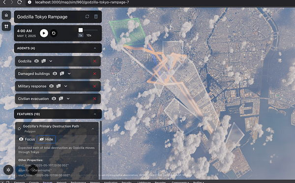 A simulation interface displaying a map of Tokyo with Godzilla's destruction path and various agents involved in the scenario.