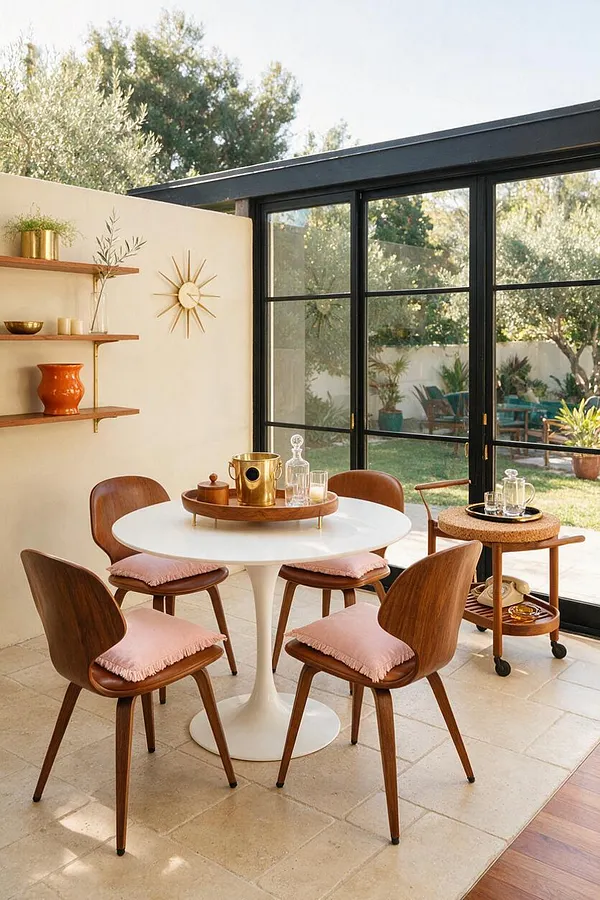 A bright backyard patio styled in mid-century modern design, featuring a round white pedestal table surrounded by four curved wooden chairs with pink cushions. Black-framed glass doors open to a green yard, while floating wooden shelves, a starburst wall clock, and a small bar cart add warm retro details.