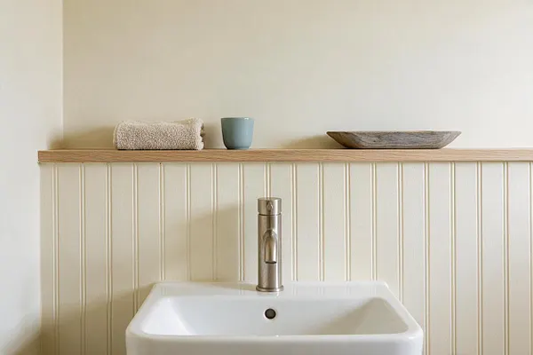 A serene powder room with cream beadboard wainscoting, a light wood shelf, and a white rectangular sink centered below a brushed metal faucet. Styled with a folded towel, a small blue cup, and a shallow wooden bowl on the shelf, the space feels simple, airy, and coastal-inspired.