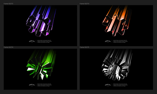 The image features a series of four 3D rendered shapes with varying colors and reflections, showcasing designs from Morflax Studio.