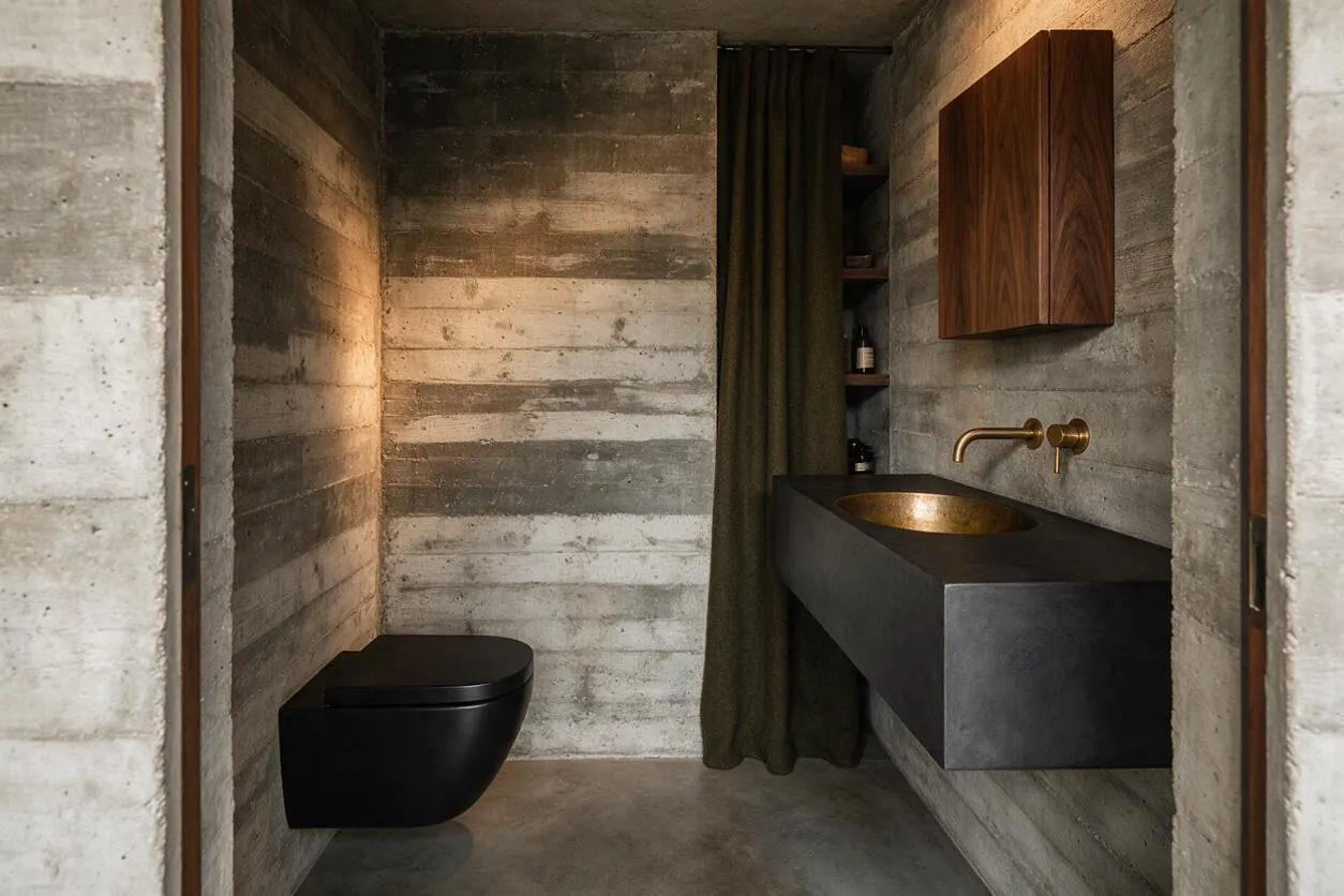 A compact powder room with exposed board-formed concrete walls and ceiling, a wall-mounted matte black toilet, and a floating dark stone vanity with a brass basin and faucet. A warm wood cabinet and olive curtain soften the stark Brutalist materials.
