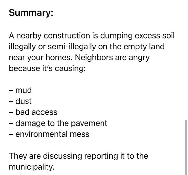 A summary of community concerns regarding illegal soil dumping by construction workers.