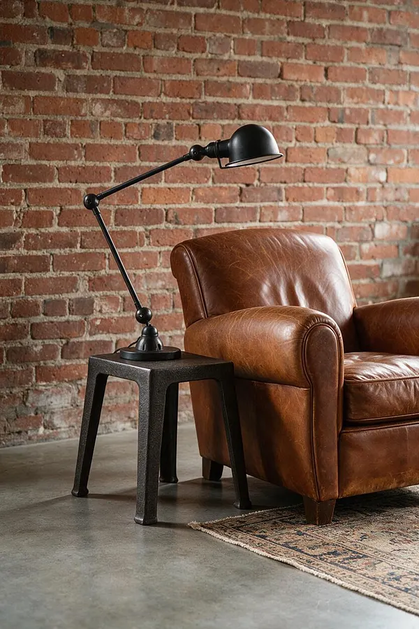 A cozy industrial-style corner featuring a worn brown leather club chair beside a black metal side table with an adjustable task lamp. The background is a red brick wall, and the floor is smooth concrete with a patterned rug partially visible at the bottom edge.