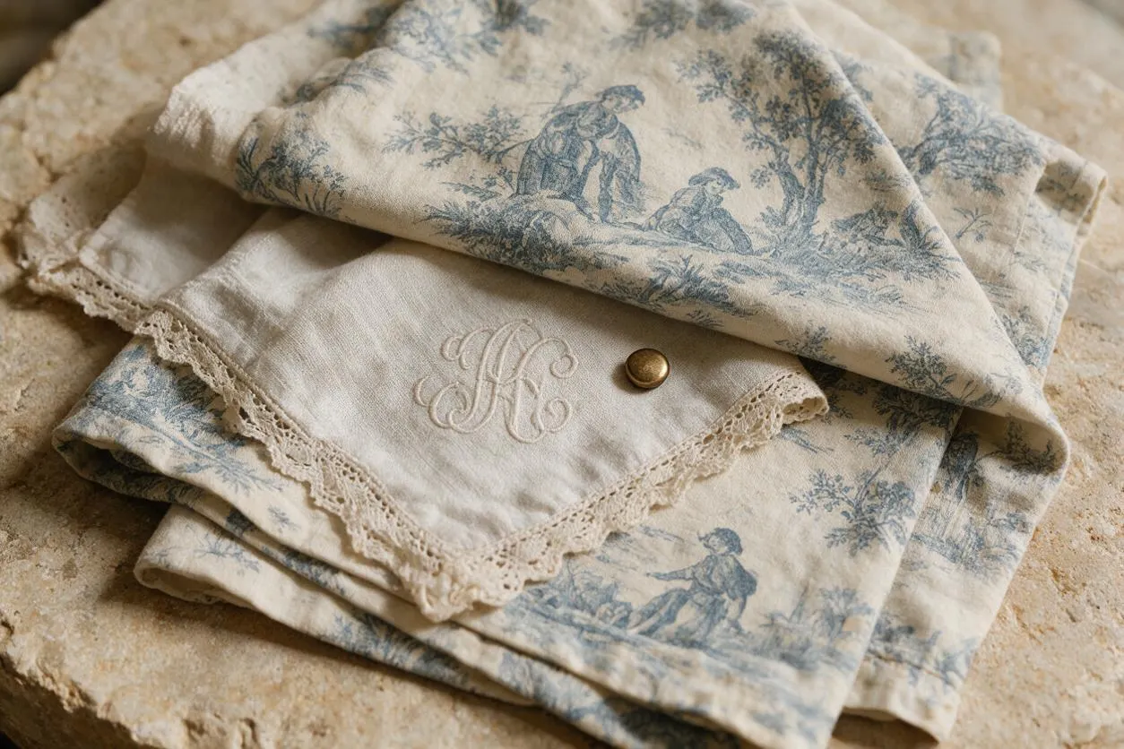 A close-up of folded French Country textiles on a stone surface, featuring soft cream linen with pale blue toile scenes, delicate lace trim, an embroidered monogram, and a small brass button. The layered fabrics create a romantic, vintage-inspired detail.