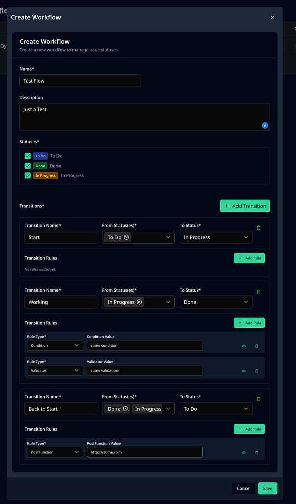 The image displays a user interface for creating a workflow to manage issue statuses.