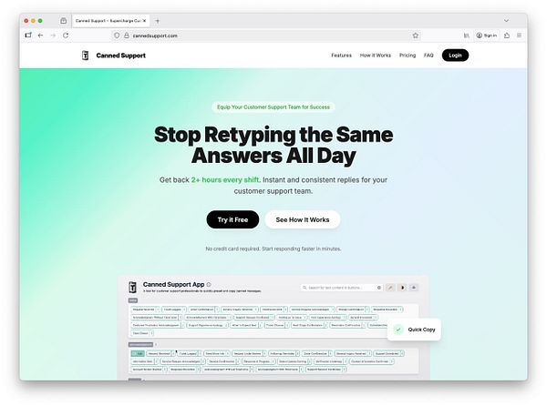 The image displays the landing page for the Canned Support tool, showcasing its features and benefits for customer support teams.