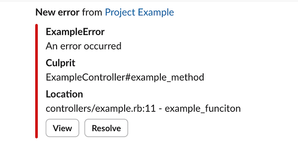 The image displays a Slack alert for a new error in a project.