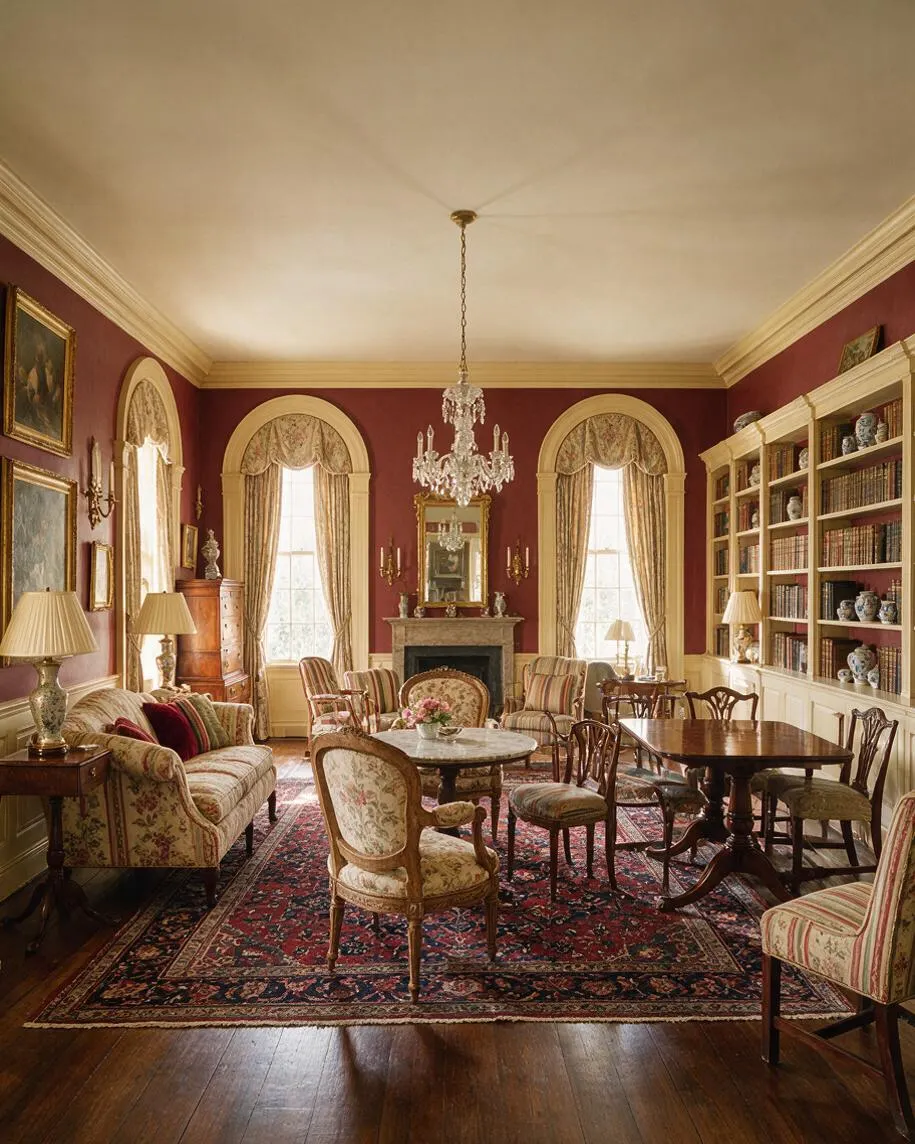A traditional studio apartment furnished like a formal sitting and dining room, with burgundy walls, cream crown molding, arched windows with draped curtains, a crystal chandelier, antique-style chairs, a floral sofa, a fireplace, built-in bookshelves, and patterned Persian rugs over dark wood floors.