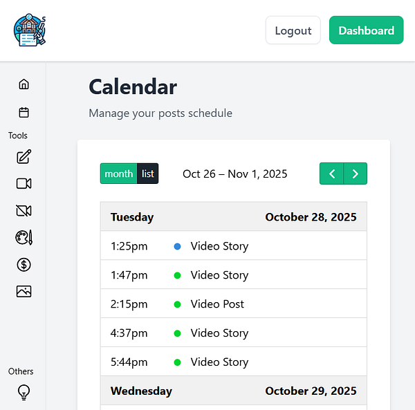 The image displays a calendar interface for managing scheduled posts.