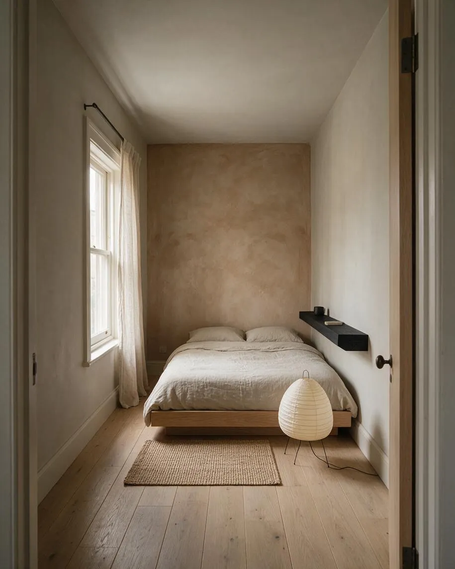 A narrow guest bedroom designed in Japandi style, with a low wooden platform bed dressed in light bedding, a textured beige accent wall, and pale wood flooring. Soft natural light filters through a window with sheer curtains, while a simple black wall shelf and a paper lantern floor lamp add minimalist detail.