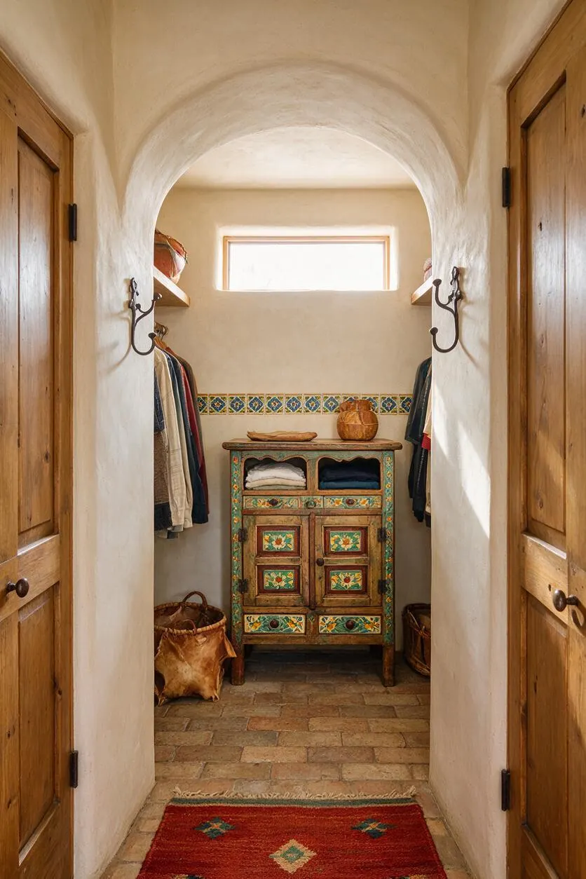 A narrow Southwestern-style closet with white plaster walls, arched ceiling, and wooden double doors. Inside, a colorful hand-painted armoire sits beneath a small horizontal window, with open side shelves and hanging clothes on both sides, plus woven baskets and a red patterned rug on the floor.