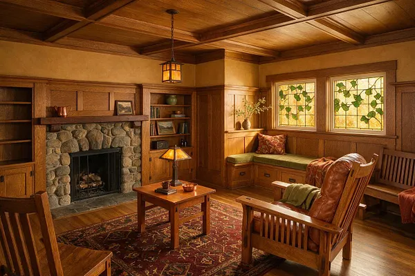 A cozy Craftsman-style backyard sitting room with a stone fireplace, built-in wood shelving, and a coffered wood ceiling. A bench under stained-glass windows, leather and wood armchairs, and a patterned area rug create a warm, inviting space with rich amber light.