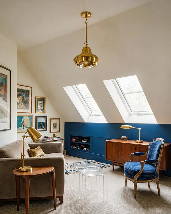 An eclectic game room with a sloped white ceiling, two skylight windows, and a brass pendant light centered overhead. The room features a deep blue half wall with built-in storage, a warm wood cabinet, a gray sofa, a blue upholstered armchair, brass table lamps, framed artwork, and layered neutral carpeting.