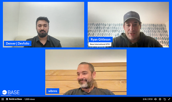 Three individuals are participating in a virtual workshop related to the Base Batches 001 buildathon.