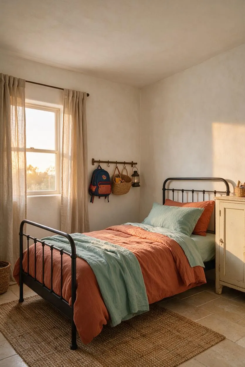 A sunlit kids' bedroom with white plaster walls, a black metal twin bed, and soft coral and sage bedding. Sheer beige curtains frame a window, while woven baskets, a hanging backpack, and a rustic cabinet add warm Mediterranean charm.