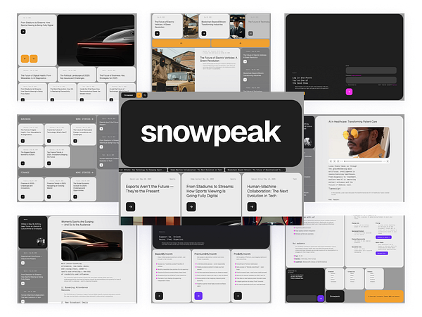 The image showcases a digital interface featuring the 'snowpeak' theme with various content cards and sections.
