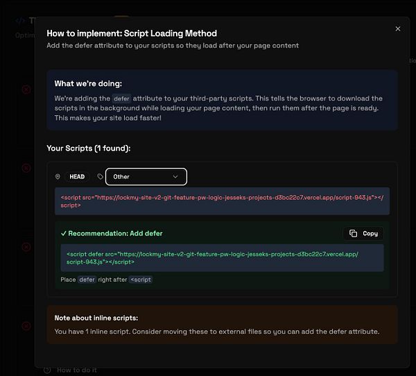 The image displays a user interface for implementing a script loading method with recommendations for optimizing script loading.