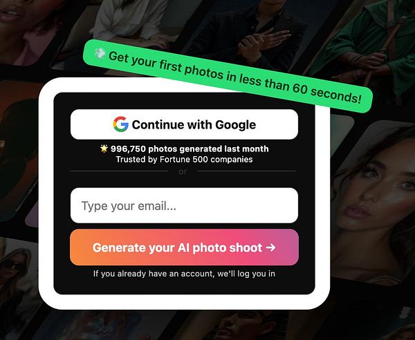 The image displays a sign-up interface for an AI photo generation service.