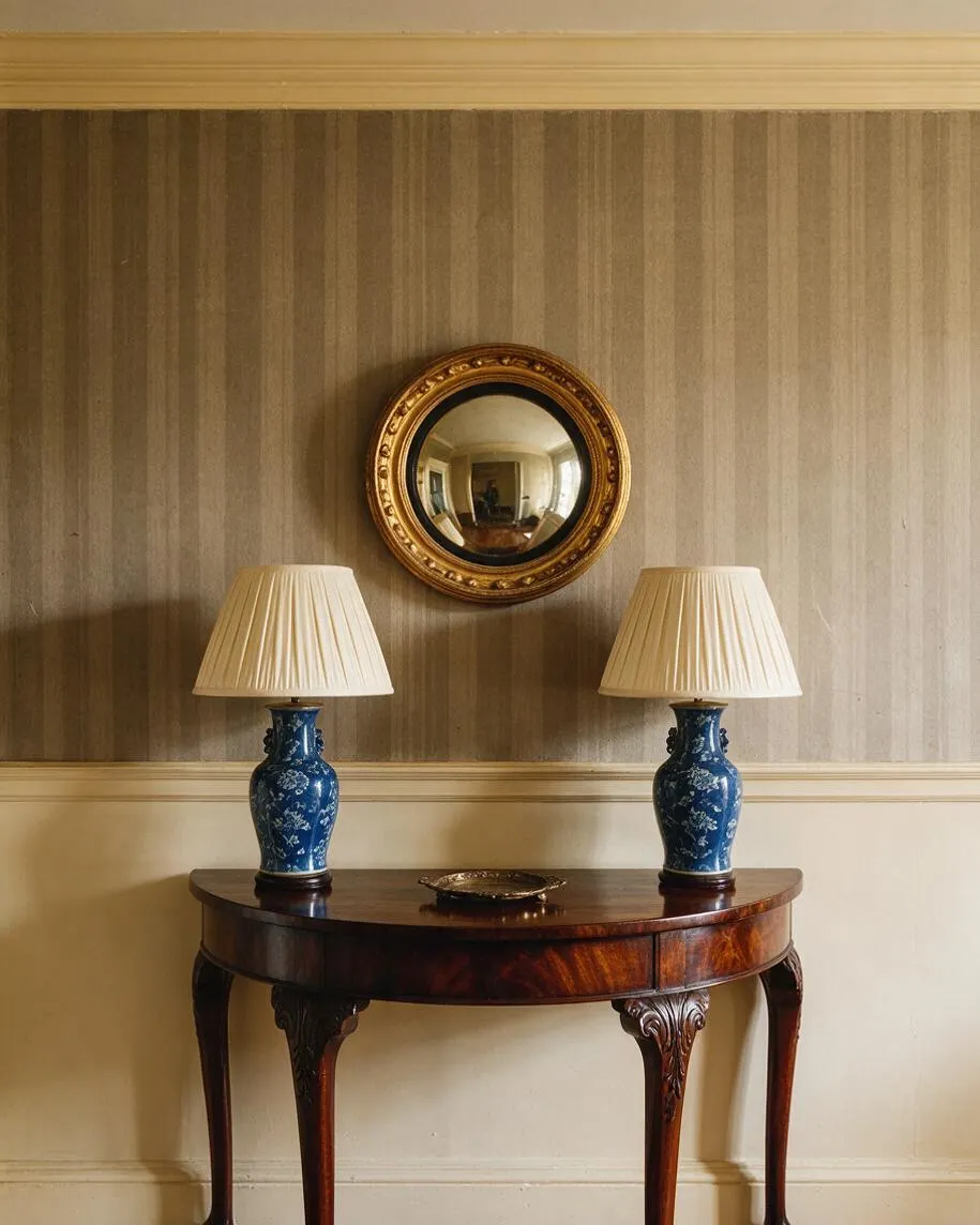 A Traditional entryway vignette with a polished dark wood demi-lune table against striped wallpaper and cream wainscoting. Two blue-and-white porcelain lamps with pleated ivory shades flank a small brass tray, while a round gilded mirror hangs centered above.