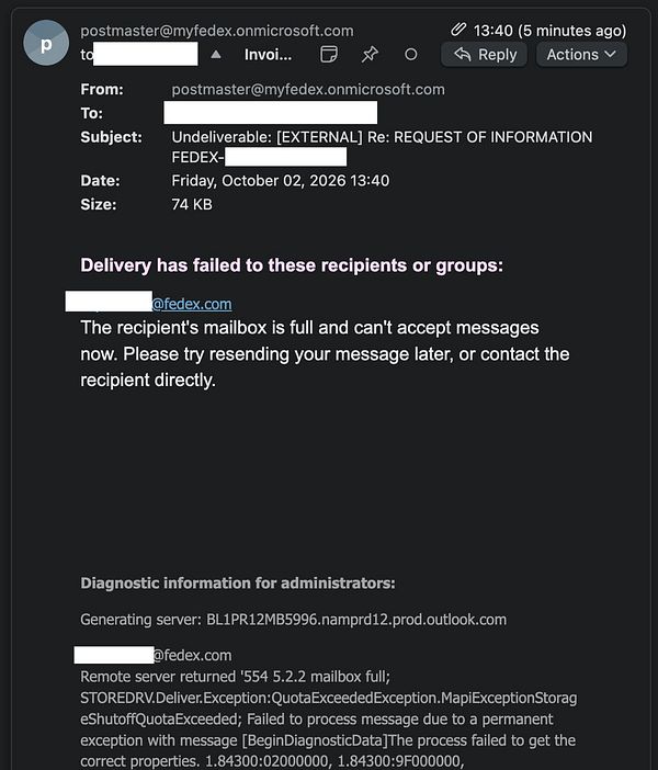 Email delivery failure notification indicating the recipient's inbox at FedEx Portugal is full, causing the message to bounce back.
