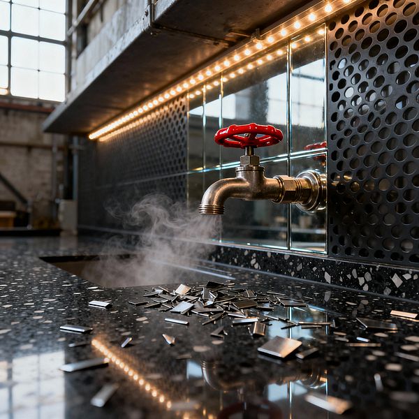 A close-up of an industrial kitchen shows a wall-mounted pipe faucet with a red valve wheel, releasing steam over a polished black terrazzo countertop with white aggregate. Behind it, square mirror tiles and perforated black steel panels form the backsplash, topped by a warm LED strip beneath a metal shelf. A cutout sink sits to the left and small metal fragments rest on the counter, with tall factory windows blurred in the background.