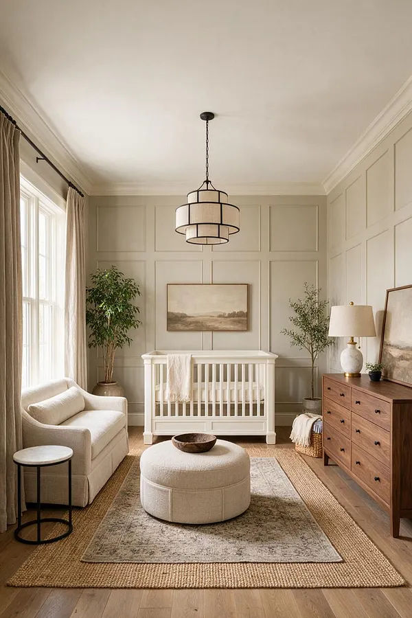 A serene transitional nursery features a white crib centered against soft beige paneled walls, with a cushioned chair by tall window drapes on the left and a walnut dresser with a lamp on the right. A layered rug, round ottoman, and black-framed ceiling light complete the calm, balanced space.