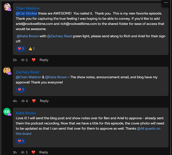 A series of positive feedback messages regarding a podcast episode shared among team members.