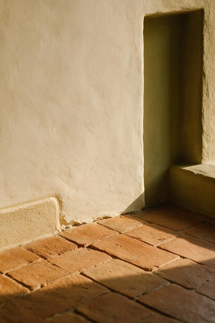 A sunlit Mediterranean-style interior detail showing a smooth limewashed plaster wall beside a recessed niche and low built-in ledge. The floor is made of warm terracotta tiles with visible texture and earthy color variation, creating a rustic, handcrafted look.