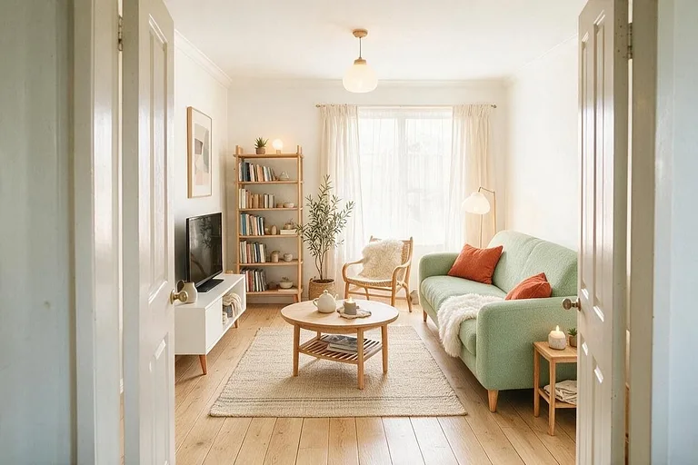 A Scandinavian living room in the Sage and Oak palette: warm white, sage green, light oak, oatmeal, and rust