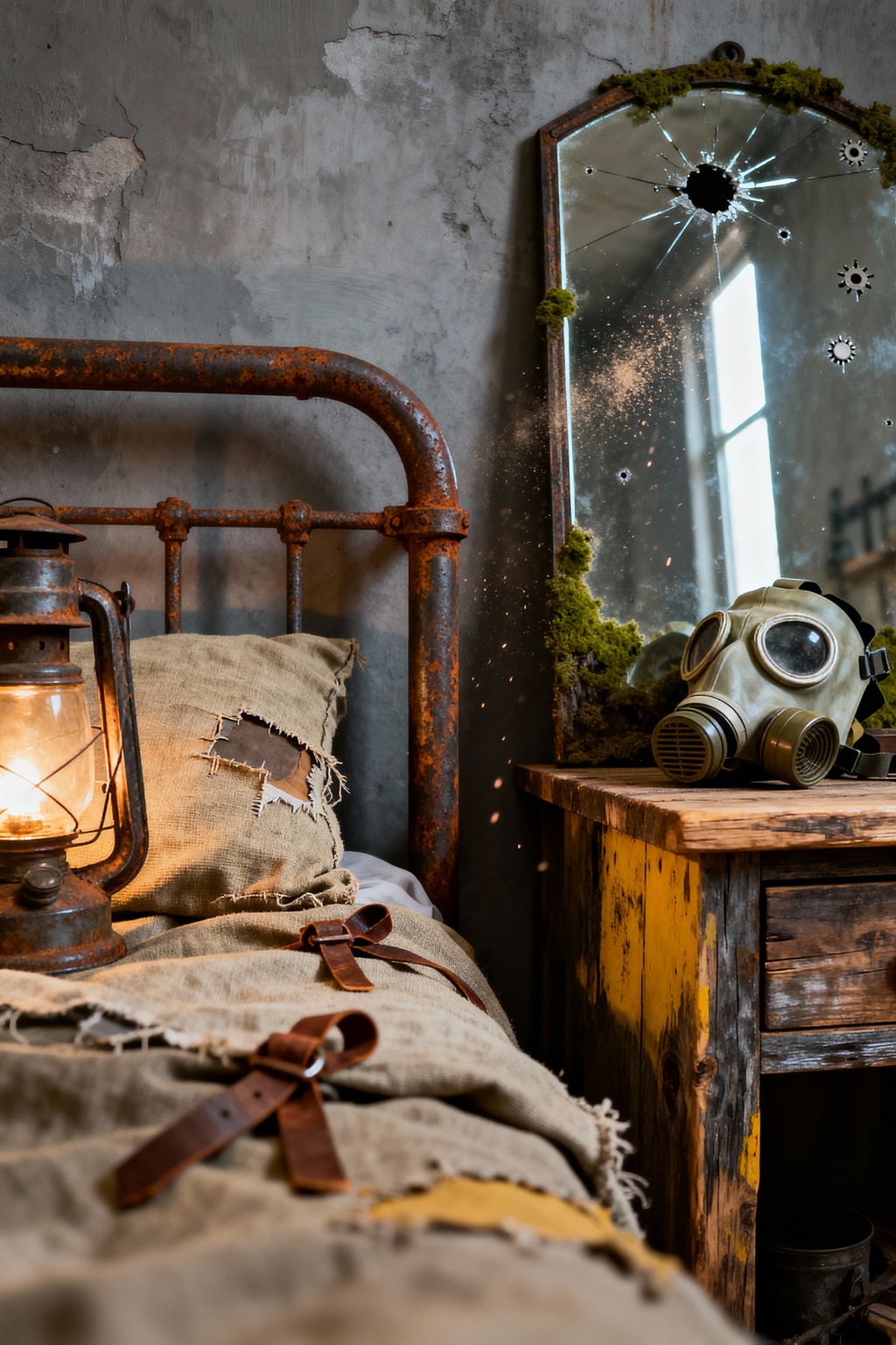 A close-up of a post-apocalyptic bedroom corner shows a rusted iron bed with frayed burlap bedding and leather straps, lit by an old metal lantern. To the right, a reclaimed wood nightstand with chipped yellow paint supports an arched mirror cracked with starburst holes and edged with moss, while a gas mask rests on the surface against a backdrop of peeling cement-gray plaster.