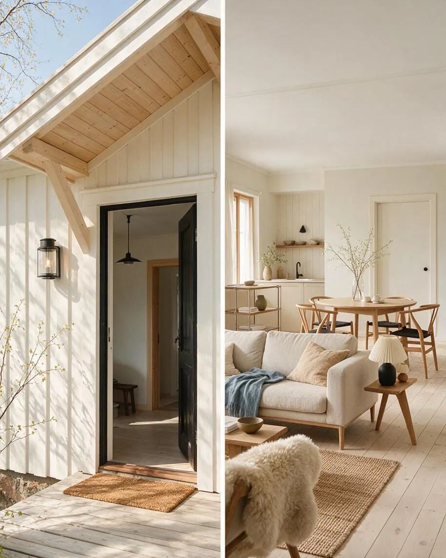 A Scandinavian-style cottage exterior with white vertical siding, a pitched roof, exposed natural wood soffit, and a black front door opening into a bright interior. Inside, the space features pale wood floors, a cream sofa, a light wood dining set, and a simple kitchen with open shelving and neutral decor.