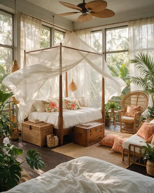 A tropical-style backyard lounging space with a four-poster bed draped in sheer white fabric, surrounded by large windows, lush greenery, rattan furniture, woven storage, and warm wood flooring. Soft neutral bedding with floral and peach-toned pillows creates a relaxed, airy atmosphere.