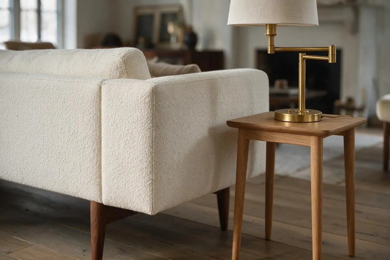 A cozy living room detail shows the back and arm of a cream boucle sofa with tapered dark wood legs beside a small oak side table. A brass swing-arm lamp with a white shade sits on the table, with soft neutral furnishings and a blurred fireplace in the background.