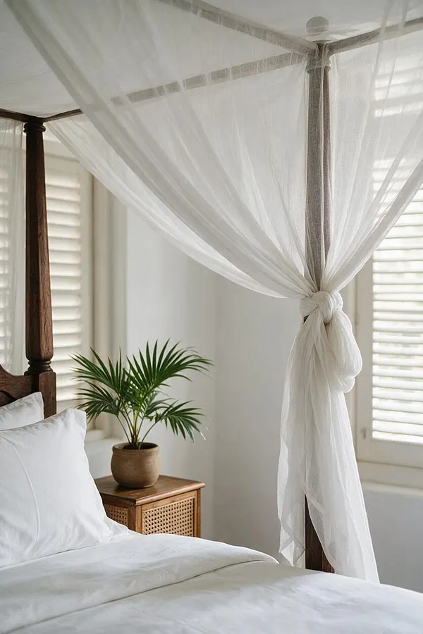 A serene tropical-style bedroom corner with a four-poster bed draped in sheer white canopy fabric. White bedding, a woven cane nightstand, a small potted palm, and louvered shutters create a bright, relaxed, natural atmosphere.