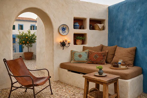 A Mediterranean-style backyard courtyard with white stucco walls, a cobalt blue accent wall, and a built-in cushioned bench with patterned pillows. An arched opening frames a potted citrus tree, while a leather sling chair, rustic wood table, wall niches, and candle sconces add warmth.