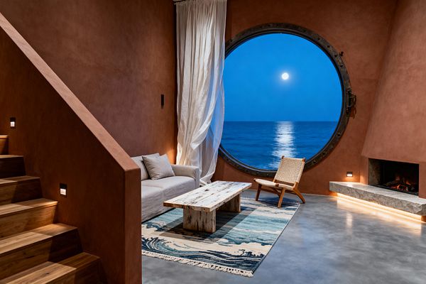 A coastal living room with terracotta plaster walls centers on a giant round porthole window that frames a moonlit ocean. A soft gray sofa and woven lounge chair sit on a blue wave-patterned rug around a whitewashed plank coffee table, with billowing white linen curtains, a low stone hearth with warm lighting, polished concrete floors, and wood stairs with recessed step lights completing the serene scene.