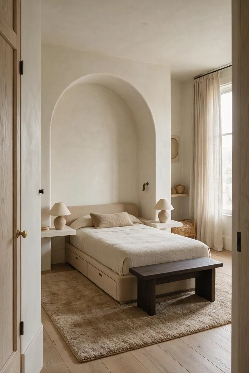 A serene guest bedroom with an upholstered bed set into a large arched wall niche, flanked by matching white nightstands and ceramic lamps. Beige bedding, a dark wood bench, sheer curtains, and a plush neutral rug create a warm Organic Modern look.